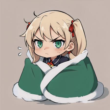 masterpiece, best quality, 1girl, (green eyes:1.2), (brown eyes:0.9), blonde hair, long hair, red ribbons, twintails, puffy face, angry, cozyblanket, chibi, simple background <lora:cozyblanket-nvwls-v1-000006:1>