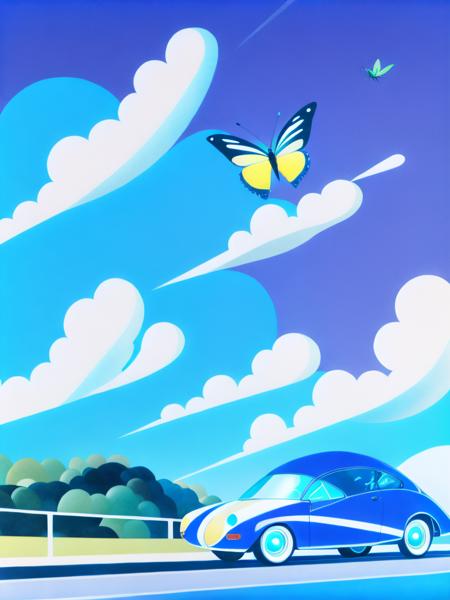 <lora:HiroshiNagai:1>a painting of a blue car driving past a large butterfly shaped object in the sky by Hiroshi Nagai