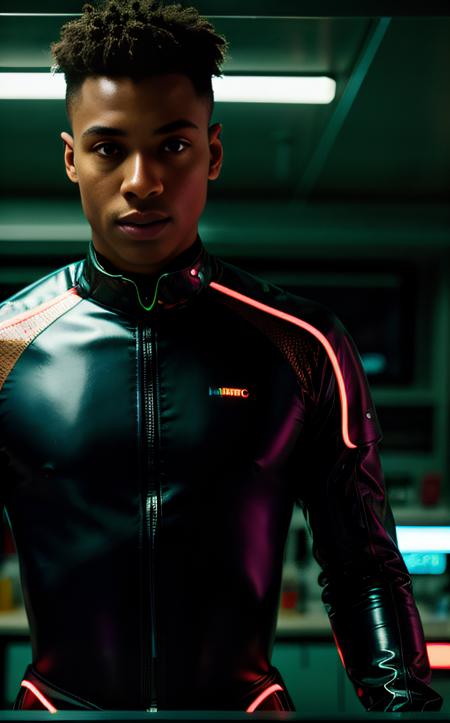 cinematic film still ((bright neon colors)), (top-quality, 8K, masterpiece:1.3) A photo of a futuristic, young man, installing a holographic tube light, wearing a sleek, futuristic jumpsuit, in a high-tech laboratory taken with a fisheye lens, highly detailed, detailed skin, bright, cold lighting
<lora:epi_noiseoffset2:1>  <lora:more_details:0.3> . shallow depth of field, vignette, highly detailed, high budget, bokeh, cinemascope, moody, epic, gorgeous, film grain, grainy