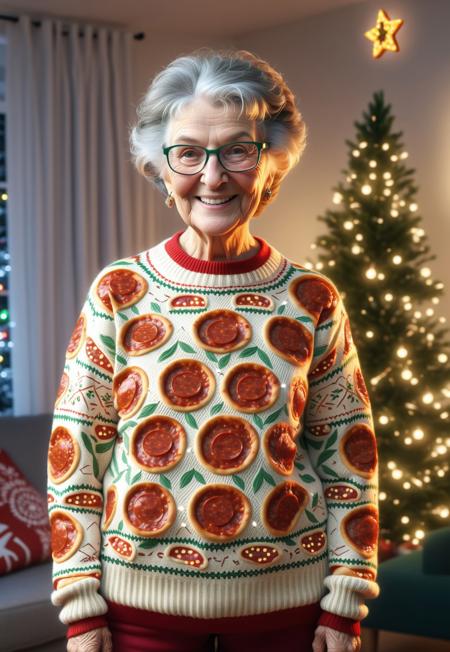 wholesome granny wearing pizzasdx sweater, looking at viewer, smile, christmas tree, christmas lights, living room