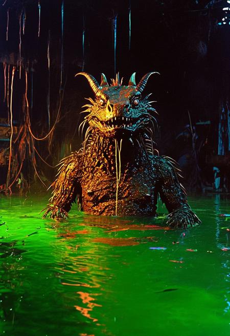Animatronic monster bunyip half submerged in water, light smoke, dim lighting mostly dark obscuring the mechanical bits as they disappear into the greenish water, VHS screen grab, nostalgic, old 80s found footage
silhouette ,
in the style of the decaying empire of Wrstreich, dark magic and grotesque creatures abound, inspired by Sean Aaberg's punk aesthetic, dark fantasy world combines grim landscapes with vibrant, exaggerated neon colorful art, old 80's VHS dark fantasy, VHS screen grab, grainy, old footage