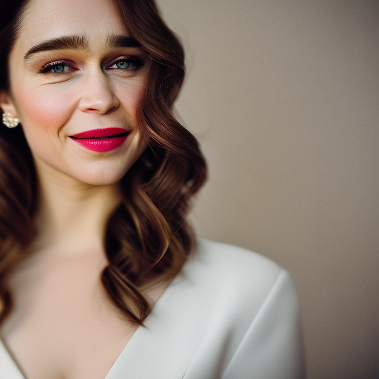 A close up glamour photograph of (Emilia Clarke)  smiling for the camera studio lighting gradient background clear face pa...
