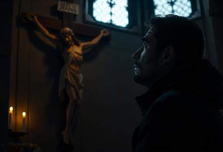 professional photo, side view photo of Caucasian man wearing a dark blue parka with dark features and a serious contemplative expression looking up at a plaster statue of jesus on the cross mounted on the wall of a church, the man and Jesus are shown in profile, the scene is very dark and underexposed with only the man's and Jesus' face lit by warm, dim candle light, everything else is dark shadows