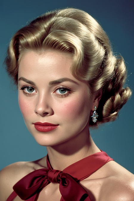 GraceKelly, a woman with bright red lipstick, in a dress, posing for a picture with her hair up and a bow in her hair, Alfred Eisenstaedt, head and shoulders portrait, mannerism