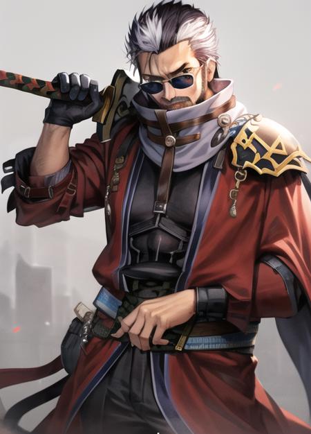 <lora:auron:0.7> AAuronFFX, solo, looking at viewer, gloves, 1boy, holding, weapon, male focus, multicolored hair, one eye closed, sword, holding weapon, facial hair, holding sword, sunglasses, over shoulder, weapon over shoulder