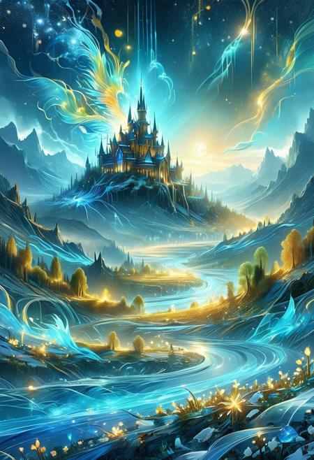 (by Ellen Jewett:1.5) (Bioluminescent Impressionism, landscape of a fantastical landscape of a fantastical snowy world made of labradorite, captured in 8K resolution for stunning detail, towering mountains of shimmering labradorite crystals reflecting a spectrum of blues, greens, and golds, A great castle is on the tallest mountain, the surface glistening like a celestial sky, vast plains of smooth labradorite stones scattered with iridescent flora that pulse with color, gentle rivers of liquid light flowing through the valleys, their surfaces sparkling with the vibrant hues of the stones, ethereal creatures with translucent wings flitting among the glowing plants, creating trails of shimmering light, a radiant moon casting a warm glow over the landscape, evoking a sense of wonder and magic in this enchanting realm of crystal and color. ice and snow, lthndrtrl, night, dark night, 
beautiful gorgeous digital art,style of greg rutkowski,janek sedlar,jenny saville:0], PEAnimeBG