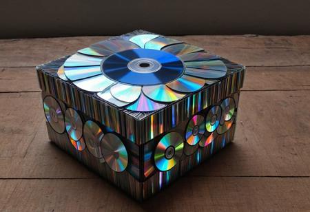 1music box, indoors, modern twist, astonishing, made of cd's, 4k, highly detailed