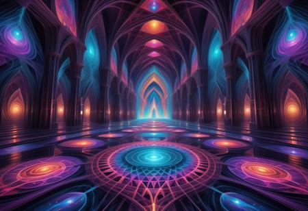 A surreal dreamscape taken from the mind of a person on DMT. A vast, infinite cathedral made of shifting, self-replicating fractals, glowing in iridescent neon colors. The walls are alive, pulsing with sacred geometry and impossible patterns that fold into themselves. Ethereal, multidimensional beings with elongated, crystalline bodies and radiant, all-seeing eyes float through the space, communicating in telepathic waves of color. The atmosphere is electric with an alien presence, a fusion of cosmic intelligence and ancient wisdom. The floor morphs between liquid metal and translucent glass, reflecting infinite realities. Ultra-detailed, hyper-realistic, cinematic lighting.