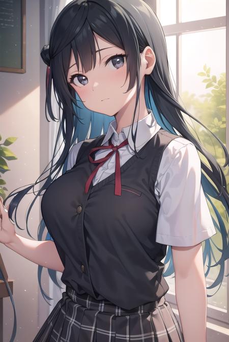 setsunayuuki, <lora:setsunayuuki-lora-nochekaiser:1>, 
setsuna yuuki, (black eyes:1.5), black hair, long hair, one side up, (medium breast:1.2), 
BREAK armband, blue vest, buttons, collared shirt, dress shirt, grey skirt, neck ribbon, nijigasaki academy school uniform, plaid, plaid skirt, pleated skirt, red ribbon, ribbon, school uniform, shirt, short sleeves, skirt, summer uniform, vest, white shirt,
BREAK looking at viewer, 
BREAK indoors, classroom, 
BREAK <lyco:GoodHands-beta2:1>, (masterpiece:1.2), best quality, high resolution, unity 8k wallpaper, (illustration:0.8), (beautiful detailed eyes:1.6), extremely detailed face, perfect lighting, extremely detailed CG, (perfect hands, perfect anatomy),