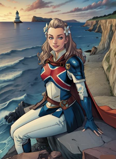 beautiful, (masterpiece:1.2), (high quality:1.2), pov,1girl, captainB, shoulder armor, breastplate, union jack, cape, gloves, hair flower, light smile, sitting, cross legged, cliff, rocky, lighthouse, waves, foreshortening, depth, <lora:betsy2-10:0.8>