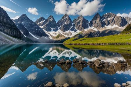 mountain, lake, clear water, best quality, alpine mountains, mountain village, photorealistic, realism,