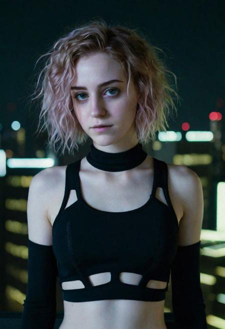 cyborg young woman, dark cyberpunk, highly detailed face, pale fragile delicate body, frizzy bob cut hair, (stylish haircut:0.9), wearing a tight stylish futuristic open black hi-tech tactical techwear crop top with cutouts, subtle cyberware, standing on a cyberpunk Japanes city rooftop at night, scenic view, cinematic scene, cinematic lighting, analog-style photo, grainy amateur lo-fi portrait photo, desaturated colors, (low contrast), distracted, b-cup breasts, eyeliner, (eyeshadow:1.1), shy, blushing, raw photo, phone photo, 3/4, (upper body portrait shot), medium shot, accidental art, candid, crisp image, high detail, (eyebags:0.7), chromatic aberration