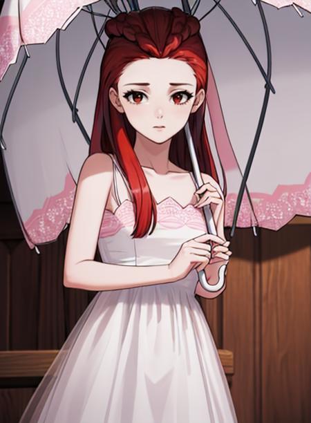 best quality, (masterpiece),(ultra-detailed), (high quality), (high resolution), <lora:dahlia:0.7> dahlia hawthorne, long hair, red hair, dress, umbrella