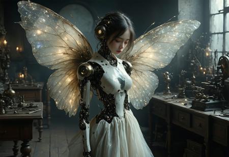 A melancholic, ethereal girl, seamlessly blending organic and mechanical elements. She is an automaton, a delicate android constructed with porcelain skin and intricate clockwork mechanisms visible beneath translucent panels. Gossamer wings, crafted from polished brass and shimmering feathers, sprout from her back, hinting at a lost dream of flight. Her eyes are large and expressive, filled with a quiet sadness and a touch of longing. The background is a dimly lit Victorian workshop filled with half-finished inventions and scattered tools. Cinematic lighting, photorealistic, 8k resolution, octane render, volumetric light, inspired by Gustav Klimt and HR Giger, steampunk aesthetic, ethereal, dramatic composition, sense of loneliness.