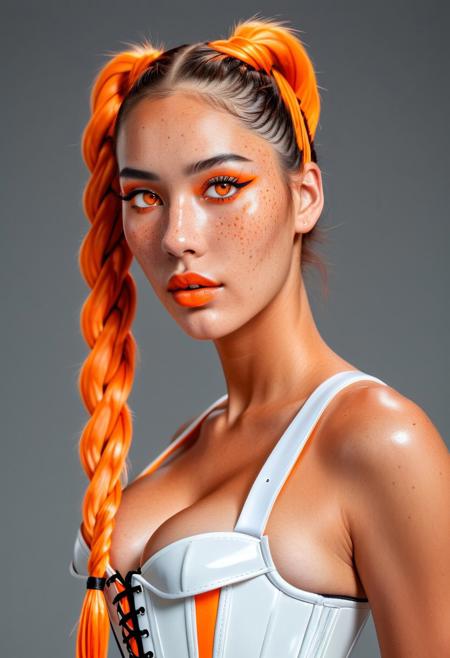 score_9, score_8_up, score_7_up, score_6_up, score_5_up, score_4_up, 1woman, , RAW photo, (freckles:0.8), long braided top ponytail, Brunette hair with orange tips, medium close-up shot front view, White  latex corset (busty 44d:1.5), extremely detailed, beautiful detailed neon orange speckled eyes, full lips, almond skin, neutral expression, neutral gray background, studio lighting , in the style of (kyuYong Eom:1.0)