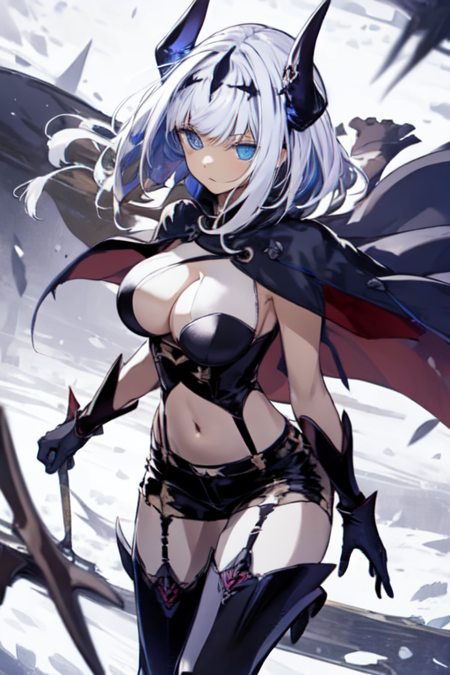 AslaugFate, 1girl, solo, long hair, white hair, blue eyes, large breasts, thighhighs, black gloves, navel, cleavage, horns, shorts, midriff, cape, clothing cutout, garter straps, 