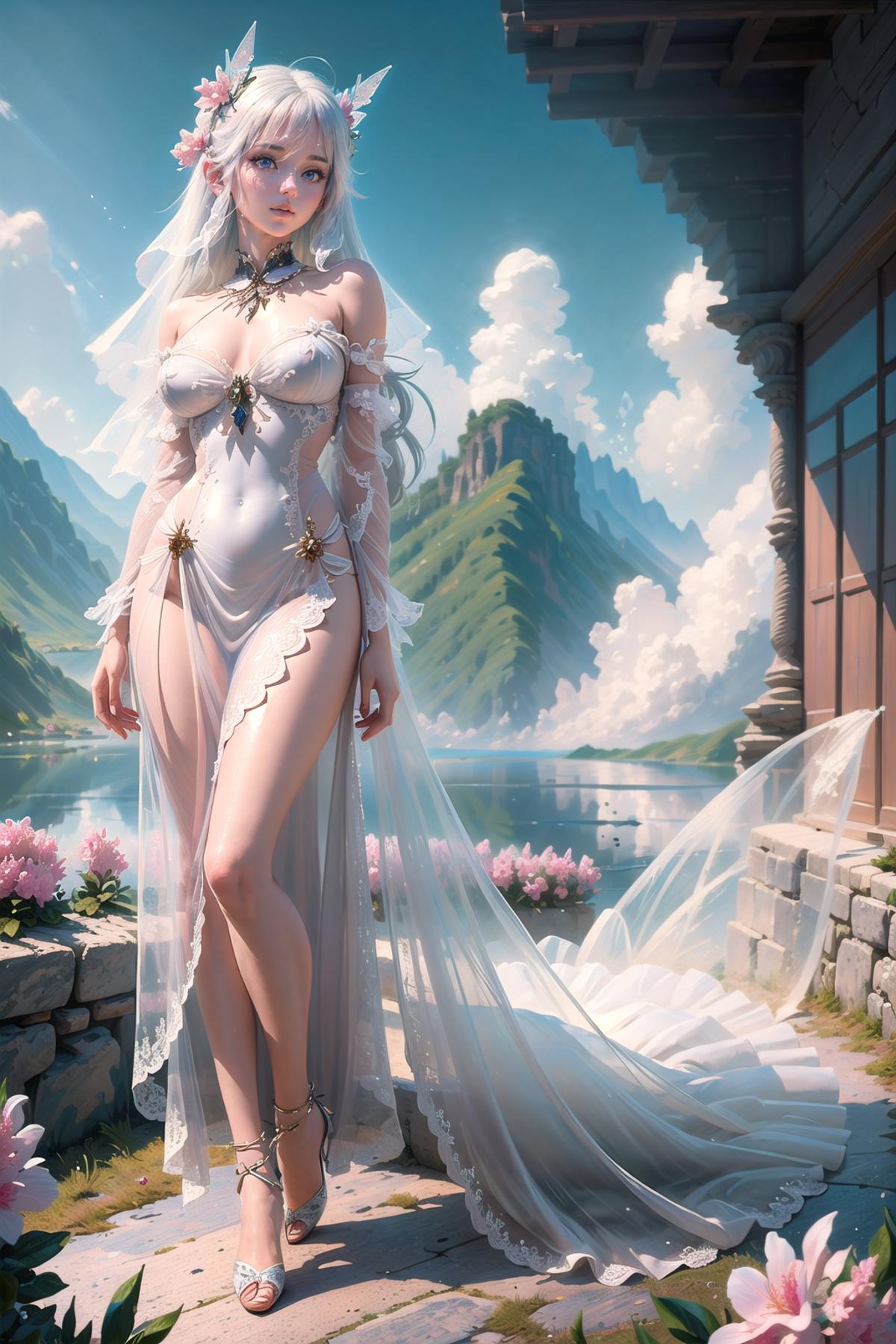An Artistic Illustration of A Bride in a White Wedding Dress Standing in Front of a Body of Water