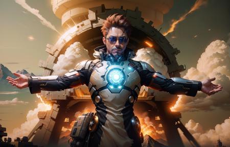 (1man), ((Tony Stark)), futuristic outfit, sunglasses, ((big explosion on background)), skyes, clouds, outdoor, (mountains:1.2), render, unreal 5, 8k, ultra quality, (((masterpiece))), (reelmech:0.9), cyberpunk 2077,