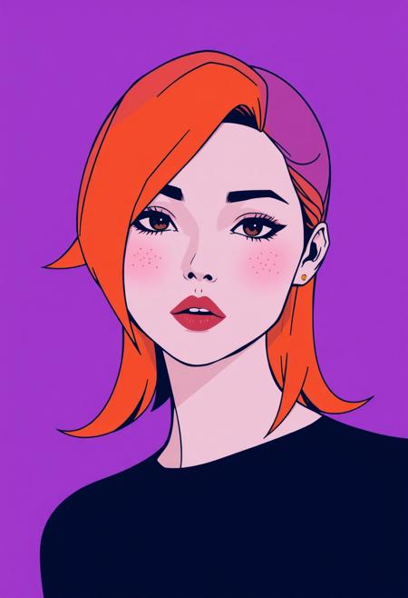 Capture a minimalist headshot of a woman showcasing sharp, angular features, set against a vibrant purple backdrop. Her stylized orange hair forms abstract lines, harmoniously contrasting with the rich hue. Framed by playful purple and orange tones, her expression exudes modern charm reminiscent of Art Deco's geometric elegance, infused with anime-inspired whimsy