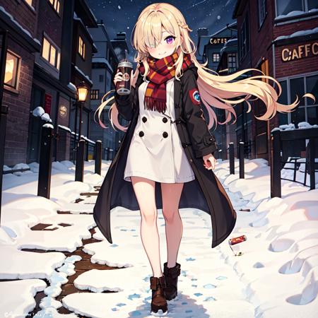 masterpiece, 1girl, best quality, outdoors, long hair, blonde hair, hair over one eye, small breasts, purple eyes, winter coat, long scarf, solo focus, standing, smile, blush, full body, holding, food, (canned coffee), looking at viewer, night, snow, facing viewer,