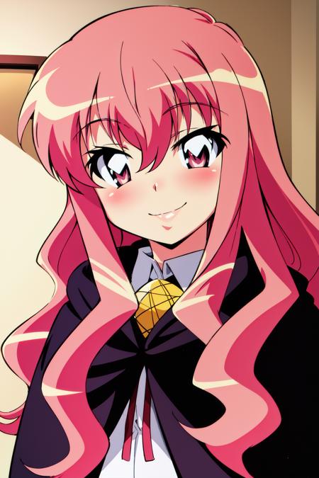 louise zero default, louise francoise le blanc de la valliere, <lora:Louise Zero_v0.2:1>, 1girl, solo, smile, pentacle, cape, long hair, pink hair, wavy hair, pink eyes, portrait, hair between eyes