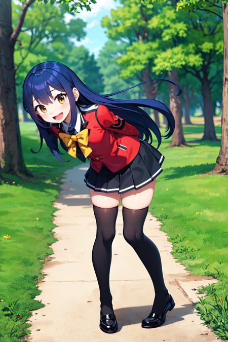 aawendy, long hair, twintails, hair ornament, bare shoulders, green dress, sleeveless dress, armlet, bracelet aawendy, long hair, twintails, hair ornament, school uniform, yellow bow, red jacket, long sleeves, black skirt, black thighhighs