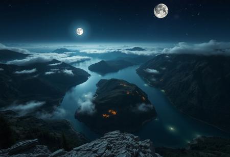 POV, on top of a mountain, looking down from mountain top, geological basin at the base of mountain, rivers leading to basin from mountains, basin surrounded by mountains, shore line, trees, clear blue water, cloud streams, mist over basin, at night, dark, moon, moon light, glowing orbs in air around basin, glowing orbs under water surface, stars, night sky, nebula, 3 moons in sky,