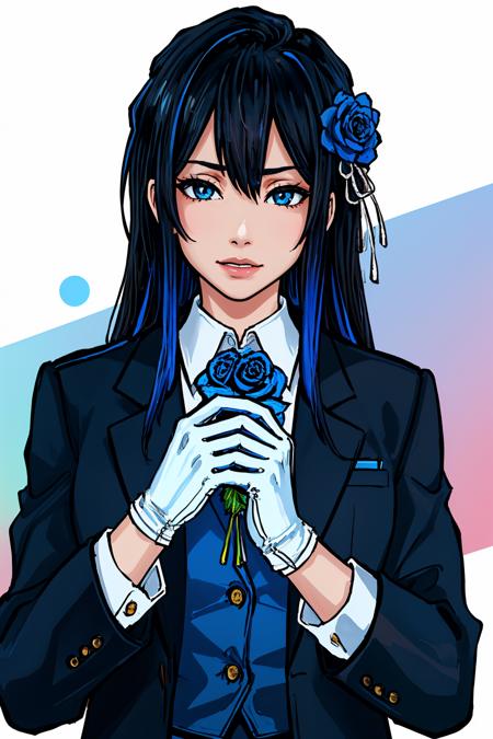 (masterpiece, best quality:1.2),<lora:dickhammersmith:1>, dickhammersmith, gloves, long hair, solo, white gloves, blue eyes, black hair, multicolored hair, flower, shirt, blue hair, looking at viewer, jacket, black jacket, long sleeves, rose, white shirt, collared shirt, blue flower, formal, 1girl, blue rose, male focus, bangs, breasts,