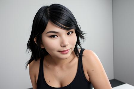 a portrait of DEN_lusia_SG in front of a [plain black background] wearing a black tank top, collarbone, [headshot], [centre frame], looking at the camera, facing the camera,
[gentle smile closed mouth], dynamic lighting, mole above her lip on the right,
photorealistic, high detail, detailed, masterpiece, 8k, highres, flawless, colour, professional