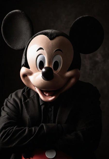 Close-up, (Mickey mouse ), grim smile, relaxed pose, portrait movie shot, serious, menacing, chiaroscuro style photo, dark background, minimalism, dramatic lighting, professional quality, dull highlights and shadows, natural and   original, laser eyes