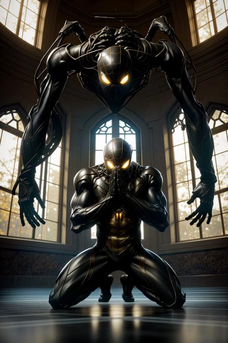 <lora:armspiderverse_v3:1> armspiderverse
masterpiece, highly detailed 8k raw photo, best quality, volumetric lighting and shadows, render in arnold
a man in symbiont spidersuit, (Kneeling with head bowed, displaying humility or prayer:1.2)
classroom background