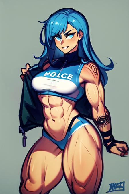 ((master piece)), absurdres, intricate details, 1girl, solo, abs, full body, police uniform, simple background, <lora:iahfy_v1:0.9>, cyan hair, long hair, muscular arms, muscular legs, muscular thighs (medium breasts)