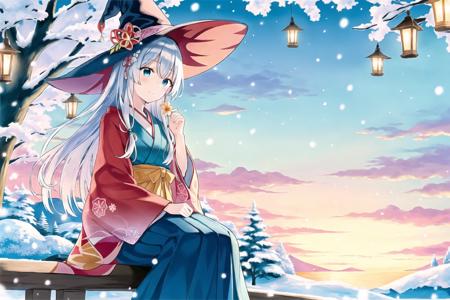 yohaku, (elaina_\(majo_no_tabitabi\):0.8),high colorful,1girl,witch hat, solo, japanese clothes, long hair, sitting, flower, kimono, snow, hair ornament, hakama, snowing, floral print, hakama skirt, outdoors, tree, skirt, blue eyes, hands on lap, blurry, lantern, hair flower, winter, bangs,wind,sunset