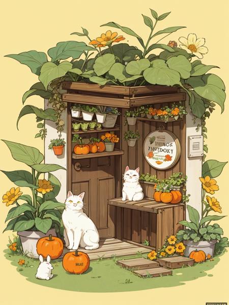 hezi, fresh illustration, flat paint style, no humans, rabbit, leaf, cat, plant, grass, flower, carrot, window, animal, basket, food, white cat, animal focus, tomato, simple background, fruit, pumpkin, sitting, potted plant, lettuce, door, closed eyes, yellow flower, tree, open window, apple, storefront, artist name, vegetable, crate, curtains, orange flower, scenery, outdoors, windowsill, mushroom, english text, yellow background, sign, sleeping, house, signature, bush<lora:æ¸æ°æç»-000010:0.4>