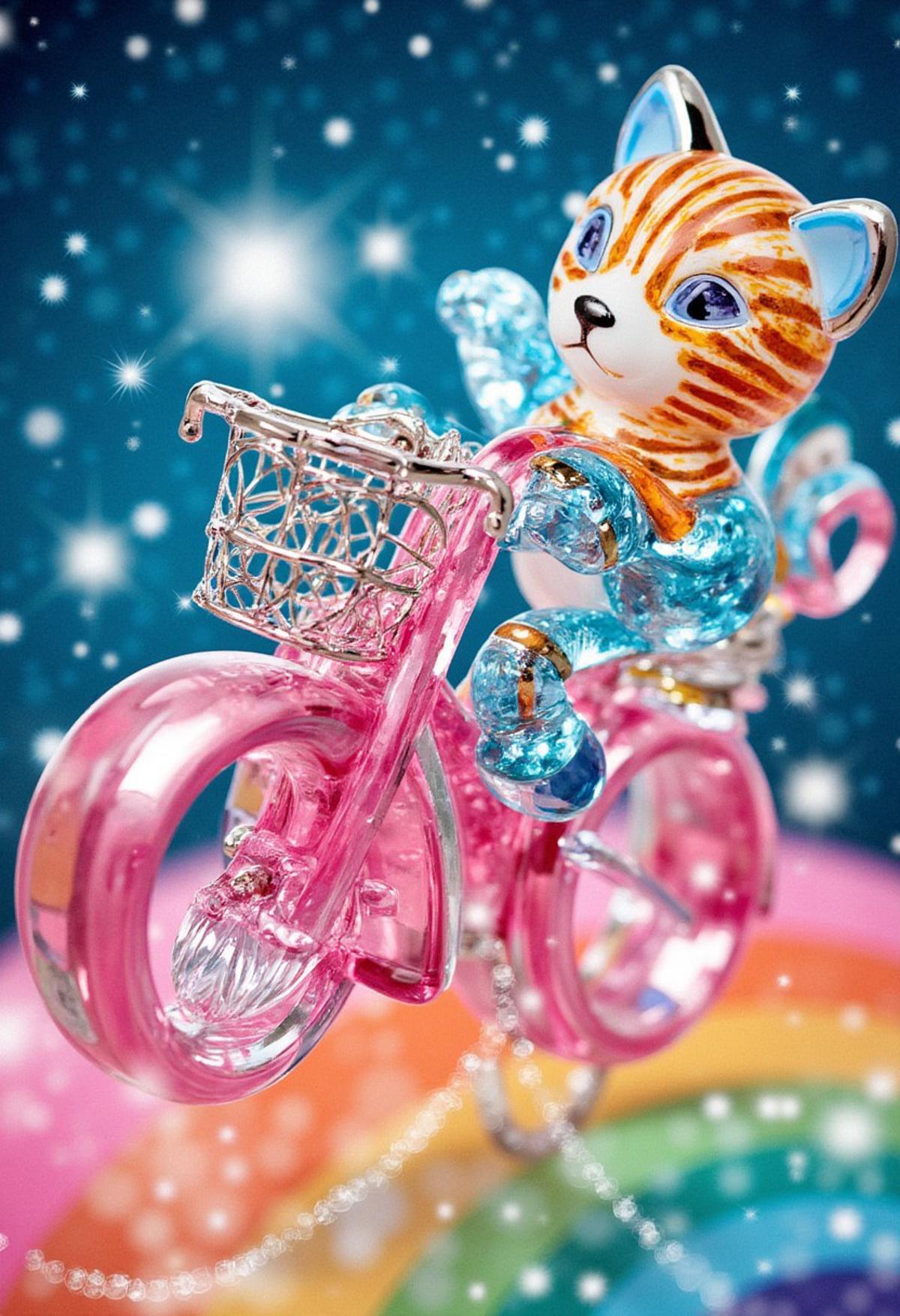 made of crystal, A blue and orange striped cat inside of a pink bicycle basket flying through rainbow space, leaving a sparkly trail, viewed from side, best quality, masterpiece,