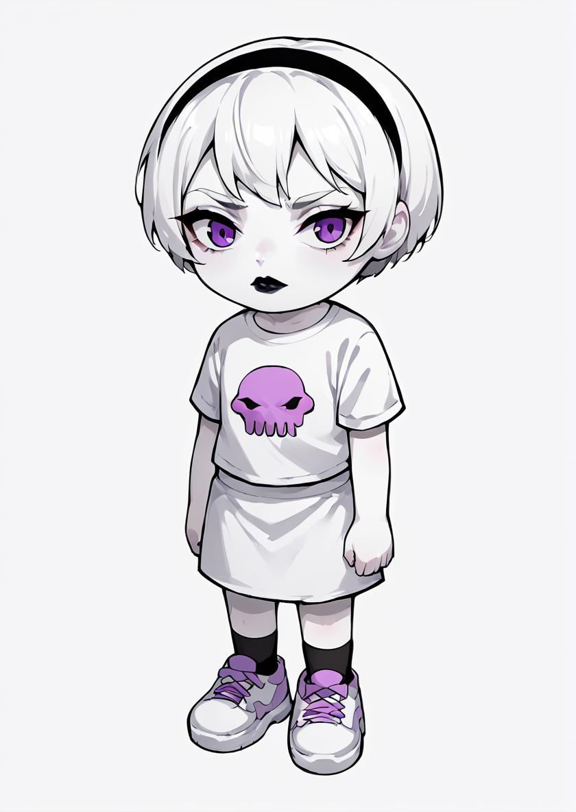 core_9, score_8_up, score_7_up, score_6_up, score_5_up, score_4_up,  1girl, white hair, black hairband, black lips, purple eyes, shirt print, <lora:Rose_Lalonde_-_outfits:0.8>, rosestart, shirt print, solo, simple background, shirt, 1boy, white background, standing, monochrome, full body, hairband, shoes, chibi, :3, white shirt, white skirt, pale skin, white skin, BREAK source_anime