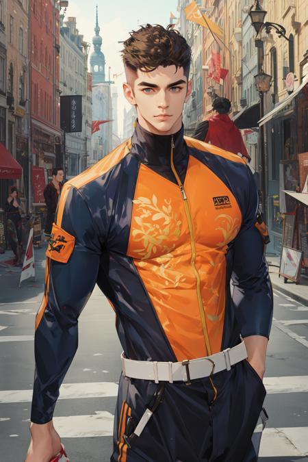 masterpiece, best quality, realistic, 1man, mature male, wide muscular body, broad shoulders, handsome, (very short hair:1.4), thick eyebrows, angular jaw, extremely detailed eyes, tilting head, relaxed lips, big arms, perfect face, modern urban streets, long sleeves, jumpsuit