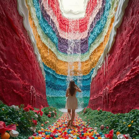 at the bottom of the multi color cake valley. The valley is made from cake and melting cream. between towering, huge cake and huge topping cream. canyon of giant layered cake. plants created from sparkling candies. pebbles of candy spread along the path. Waterfall of wine flowing out of giant bottle. a woman approaching wall of cake and tasting. a woman facing toward viewer.