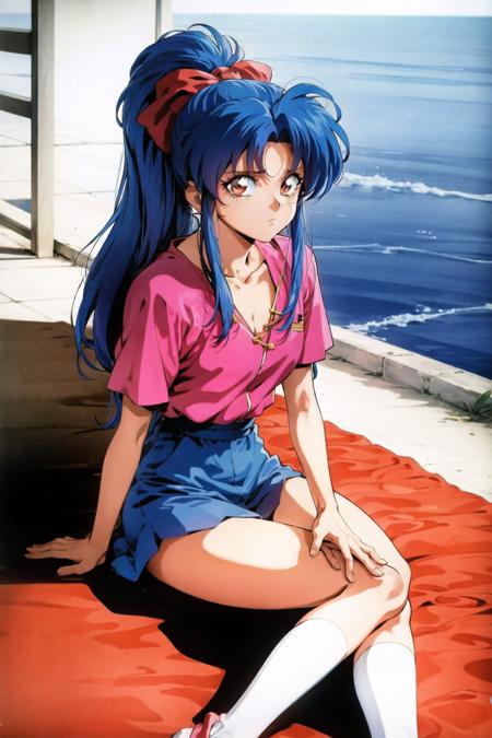 botan \(yu yu hakusho\), 1990s \(style\), 1girl, blue hair, bow, long hair, looking at viewer, ocean, ponytail, retro artstyle, solo