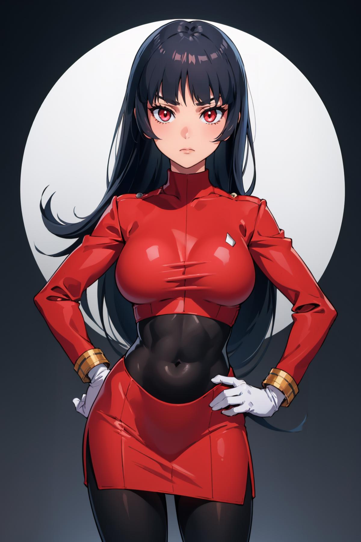 A red-haired anime girl wearing a red jumpsuit poses in a red circle.