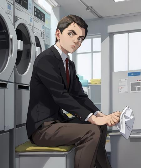 mrbean, sitting down, indoor, laundromat <lora:Mr_Bean-15:0.8>