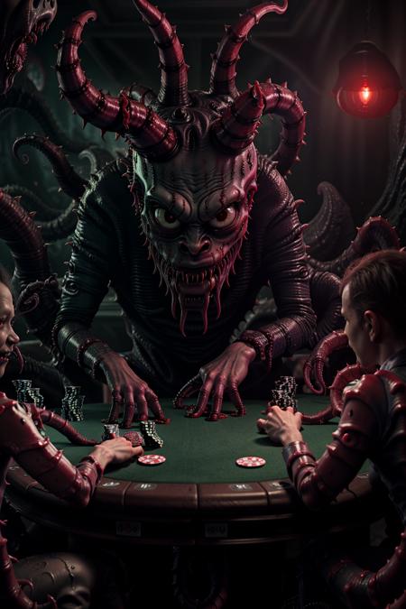 a photo of demonic aliens playing poker, 4k, cinematic lighting, intricately detailed