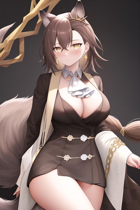 masterpiece, best quality, highres, solo, {penance_arknights:1.10}, animal_ears, wolf_ears, extra_ears, long_hair, wolf_girl, brown_hair, yellow_eyes, breasts, ascot, white_ascot, tail, wolf_tail, bangs, hair_between_eyes, jewelry, large_breasts, very_long_hair