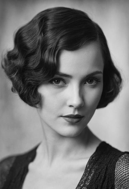 Photograph of a woman from the 1920s, short hair, (finger-weave hairstyle:1.1),posing for a photograph. close-up, black and white, cinematic composition, looking at camera, seductive, soft shadows, grainy,