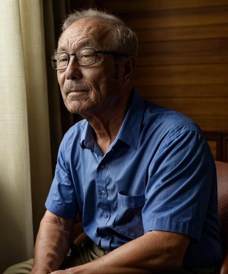 solo, shirt, old man, sitting, upper body, short sleeves, male focus, parted lips, glasses, facial hair, blue shirt, breast pocket, wrinkled skin
<lora:hasselblad_portrait_v1:0.7>