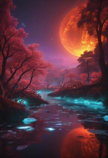 Ultrarealistic. sharp focus, dynamic lighting. play of light, reflection, refraction, Raytracing, Ultra detailed. Alien themed. Alien scenery. alien scenery background. alienworld. An alien fire dragon surrounded by ice.enchanting, cosmic, celestial, ethereal, vibrant flora, magical, luminous, serene, dreamy, radiant, bioluminescent, intricate details, surreal, enchanted forest