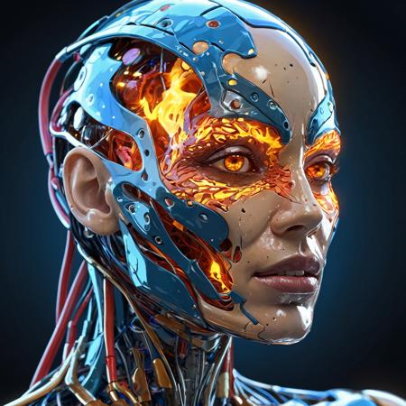 Human anatomy, (fragmented body parts, 3d nerves fragmentation of body, veins and organs breaking off face, cgi surreal masterpiece, vibrant colors, rim lighting, biological fragmentation, biosphere decomposition, high detail, floating parts:1.4), detailed cosmic background, fractal art, galaxy light vision, 16k, astral concept art, sharp lines, intricate, sophisticated, female,  <lora:add-detail-xl:0.64>,  fiery glow, fiery eyes, android, cyborg, supernova, dynamic angle, from side, no pupils, flaming eyes,