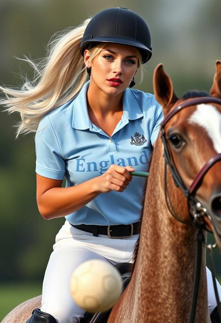 rmcebkCE style. The book is "Perdita". On the front cover is a close up of a heartbreakingly beautiful 18 year old tall woman. She is sitting astride a polo pony dressed in a light blue polo shirt with the word "England" written across the front in white lettering. Her full, perfect round breasts fill out the tight shirt. She is wearing a black riding helmet and has an expression of intense concentration on her beautiful face. Her platinum blonde hair flows out behind her in a tight ponytail. She face is bright with sweat and her ice blue eyes are fixed on the polo ball at her horse's feet.  She has dramatic makeup with full red lips and red lipstick. Her beautiful ice blue eyes are highlighted by mascara, eyeliner and eyeshadow. Her eyebrows are thin and arched. She is leaning out of the saddle and swinging her polo mallet about to strike the white polo ball. She is wearing tall black patent leather riding boots over white skin-tight jodhpurs that accentuate her powerful thighs and round butt. The title of the book "Perdita" is at the top in white writing while the author name "Sally-Anne Edwards" is written at the bottom.