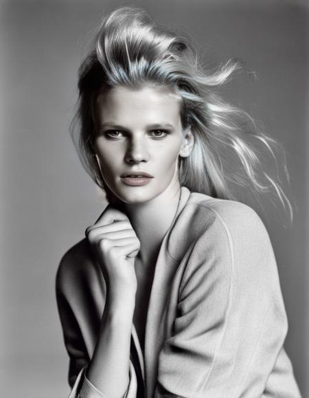 Russia, <lora:LaraStone:1> Lara Stone, a dutch model, 23 year old, posing natural, no make-up, hair without styling, decently clothed, professional lighting, year 1950 styling, professionally color graded Kodak Tri-X Black and white film, fashion shoot, tack sharp