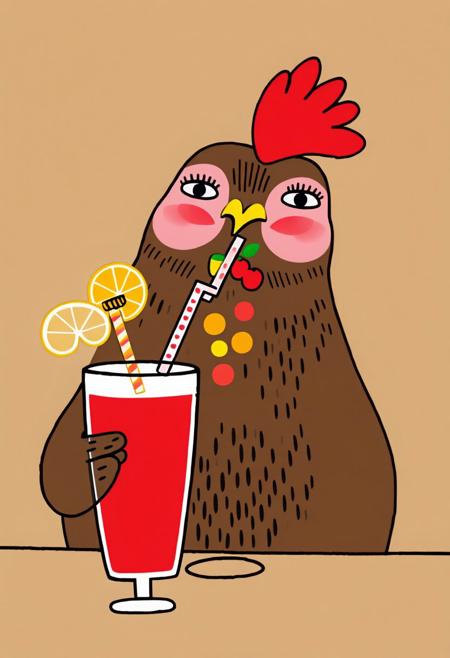 Gemma Correll Style illustration of a plump brown, female hen drinking a brightly coloured cocktail with a straw and fruit decorations in it. Looking very happy, big false eyelashes. Plain background.